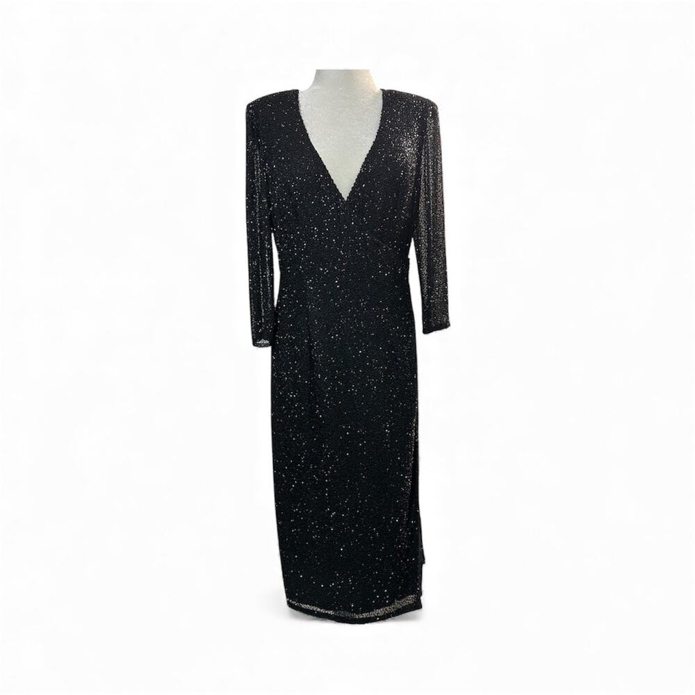 Vintage Cecily Brown Silk Fully Beaded Black Wrap Evening Gown Size L Elegant